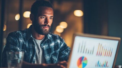 Focused brand manager evaluating segmented market reports and competitor benchmarks on digital slides aligning campaign objectives with business goals.