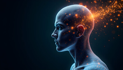 Portrait of Man with Half Head Replaced by Flowing Binary Code and Digital Streams