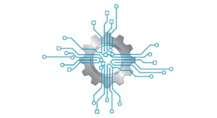 Abstract technological concept of a circuit board integrated into a gear, symbolizing innovation, engineering, and the digital age's interconnected systems