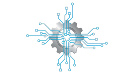 Abstract technological concept of a circuit board integrated into a gear, symbolizing innovation, engineering, and the digital age's interconnected systems