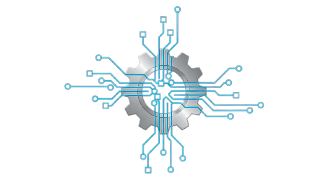 Abstract technological concept of a circuit board integrated into a gear, symbolizing innovation, engineering, and the digital age's interconnected systems