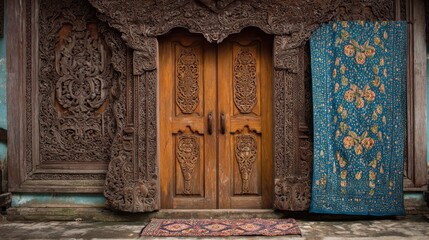 Ornate wooden doorway with textile