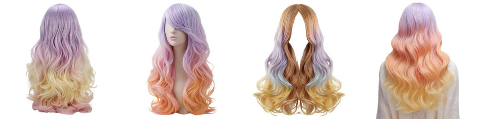 Naklejka premium Set of Multi-Colored Ombre Hair Wigs, isolated on a transparent background.