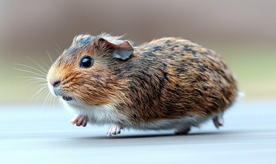 A small, brown and white guinea pig in mid-air