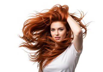 Woman with flowing red hair isolated on transparent background