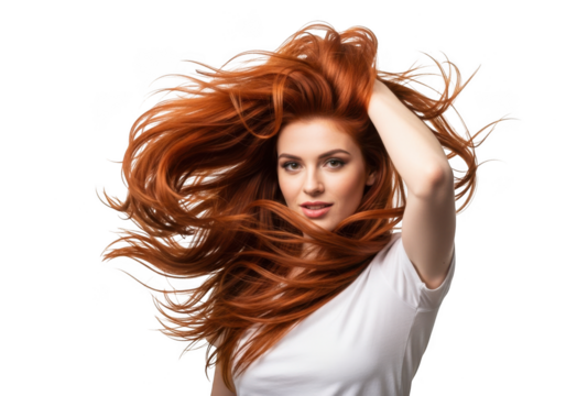 Woman with flowing red hair isolated on transparent background
