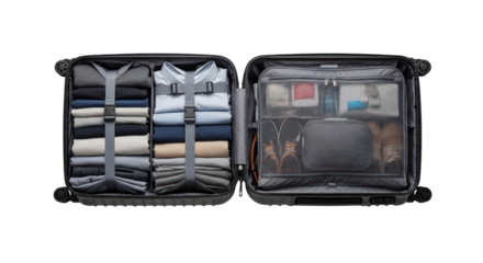 Organized Suitcase with Clothing Shoes and Accessories.