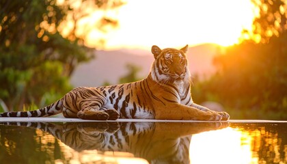 Tiger at sunset by a pool