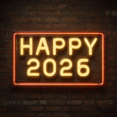 Obraz premium Neon Sign with Happy 2026 Message on Vintage Brick Wall
