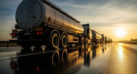 Golden Hour Convoy &ndash; Tanker Trucks on Wet Highway with Reflections