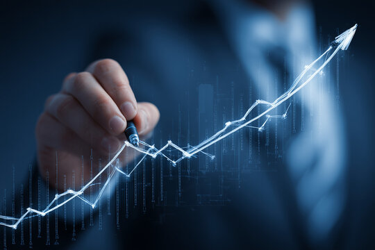 Businessman Illustrating Stock Market Trends with Animated Data Visualization on Virtual Screen. Financial Concept with Hand Drawing Digital Growth Chart.