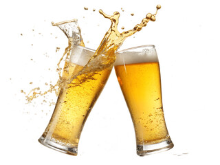 Tall glasses golden frothy beer splashing liquid