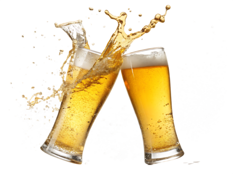 Tall glasses golden frothy beer splashing liquid