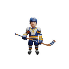 Ice hockey player equipped with helmet, pads and hockey stick, 3D, transparent background