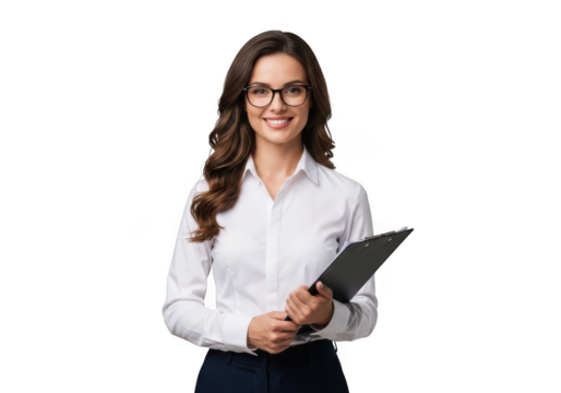 Smiling businesswoman holding a tablet isolated on transparent background - Powered by Adobe