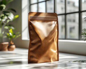 Brown paper pouch on a table near a window
