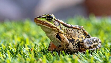 Obraz premium Close-up of a vibrant green and brown frog resting on a field of artificial grass.