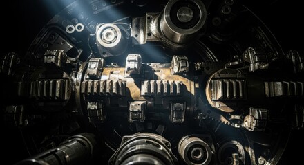 Obraz premium Interior view inside the cutterhead housing of a tunnelboring machine during service focusing on gear teeth and mechanical interfaces.