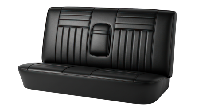 Classic Black Vinyl Car Bench Seat with Center Armrest Detail.