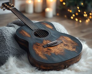 Acoustic guitar resting on a soft surface, surrounded by warm ambiance