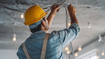 Caucasian male electrician in denim and hard hat fixing wiring on ceiling