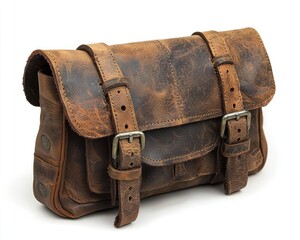 A brown leather bag with straps and buckles