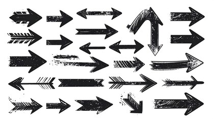 A collection of various grunge style arrows in different directions and styles, displayed on a white background.