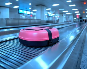 Pink suitcase on an airport baggage carousel