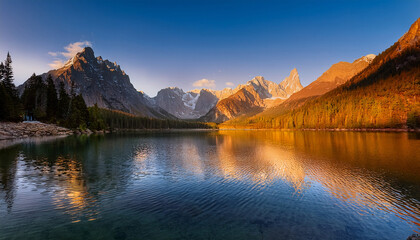 Fototapeta premium Majestic Peaks And Serene Lake An Awe Inspiring Vista Of Towering Mountain Peaks And A Serene Lake Basking In The Golden Glow Of The Sun Evokes A Sense Of Wonder