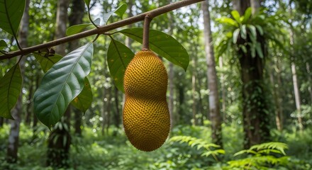 Unripe Artocarpus integer fruit, also known as Cempedak, hanging from its branch amidst lush tropical foliage