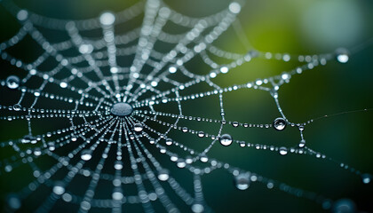 Raindrops Forming Fractal Patterns on Spiderweb Macro