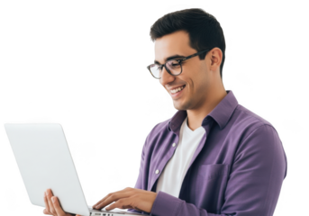 Smiling man with glasses working on a laptop isolated on transparent background