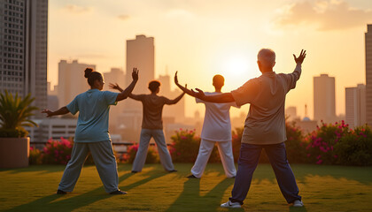 Seniors Practicing Tai Chi in Rooftop Garden at Sunrise