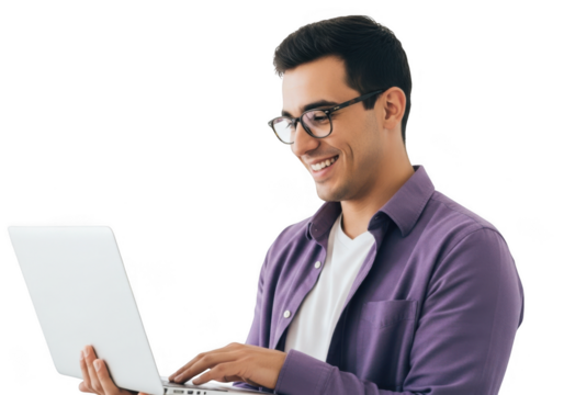 Smiling man with glasses working on a laptop isolated on transparent background - Powered by Adobe