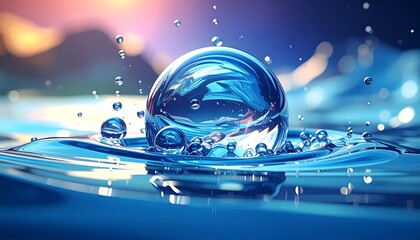 A mesmerizing close-up view of a sphere resting on rippling water, showcasing vibrant blues and sparkling bubbles.