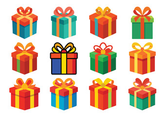 Collection of colorful gift boxes with ribbons and bows for holidays