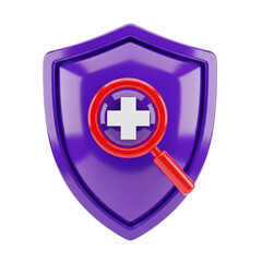 Obraz premium Purple Security Shield Health Protection Icon Illustration with Red Magnifying Glass Medical on transparent background