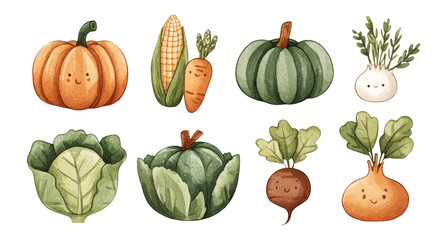 Cute Cartoon Vegetables Set Isolated on Transparent Background