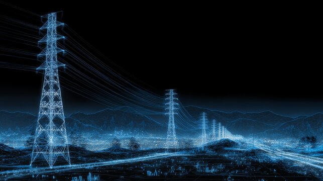 Digital blue wireframe power lines over mountainous landscape at night