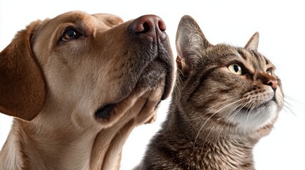 Naklejka premium Close-up of loyal labrador and curious tabby cat on white background