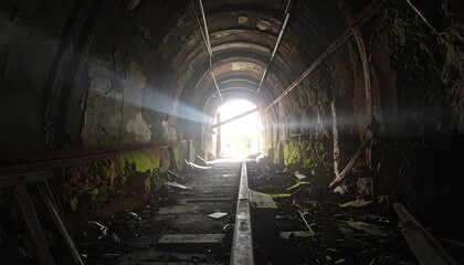 Sunbeams Piercing Decayed Tunnel Interior
