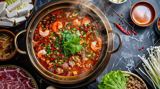 标题：Vibrant Chinese Hot Pot Gathering with Diverse Ingredients and Lively Dining Atmosphere. Spicy Broths and Fresh Slices Create an Energetic Flat Lay Scene.