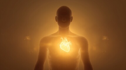 National Depression Screening Day. medical illustration of human silhouette with glowing heart area, warm golden light emanating from chest, professional healthcare photography style