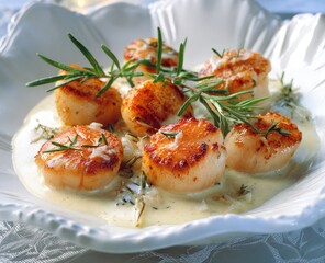 Delicious Pan-Seared Scallops with Creamy Sauce and Fresh Rosemary.