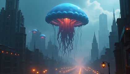 Giant Jellyfish Floating Above Futuristic City Skyline with Glowing Tentacles