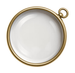 Vintage gold or brass round locket, pendant, or magnifying glass with a convex domed crystal lens, Isolated on Transparent and White Background