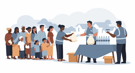 Food distribution setup with diverse crowd of people receiving food aid, symbolizing community support. Food distribution volunteers are assisting families and individuals in need,