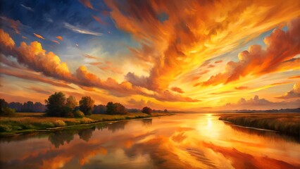 Vibrant sunset over a calm river reflecting the sky