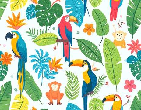 Tropical birds and plants repeating pattern - Powered by Adobe