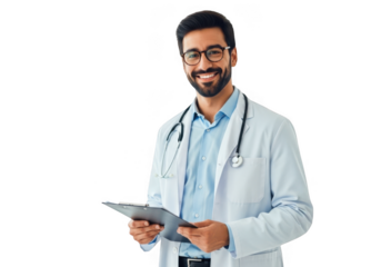 Smiling male doctor holding clipboard isolated on transparent background